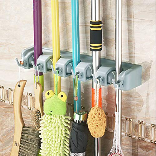 LUVODI Mop and Broom Holder Multifunctional Wall Mounted Organizer Storage Rack 5 Positions with 6 Hooks Rake Towel Hanger Holds Up to 11 Tools for Garden Kitchen Laundry Offices Garage