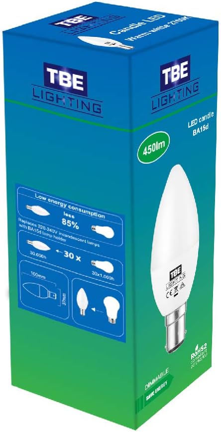 TBE Lighting Dimmable LED Candle Bulbs - Pack of 8 - B15 / SBC/Small Bayonet Cap - 5w - Warm White 2700K - 450 Lumens - Image 5