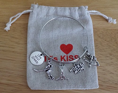 Hockey Mom bracelet, Hockey bracelet, Hockey jewelry, Hockey Stick bracelet, Hockey charm, Hockey Helmet charm, Hockey player charm, Hockey stick charm, Gift for Hockey fans, Hockey bangle bracelet