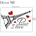 Decor MI Eiffel Tower I Love Paris Waterproof Removable Wall Decal Stickers for Living Room Bedroom Bathroom Kitchen Office Background Wall Art Wallpaper 15x9 inch