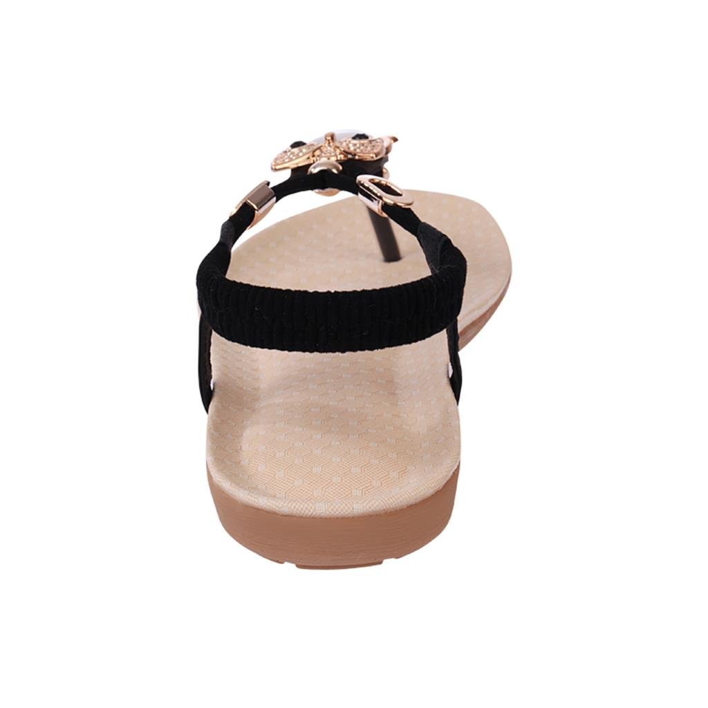 footful women summer bohemia flat sandals beach thong shoes black 36