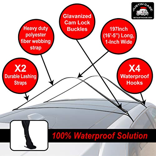 Justin Case Rooftop Cargo Hooks and Tie Down Straps - Ultimate Car Roof Storage System - Sturdy and Safe - Four Stainless Steel Hooks - Two 197-Inch (16'-5") Long, 1-Inch Wide Car Rooftop Straps
