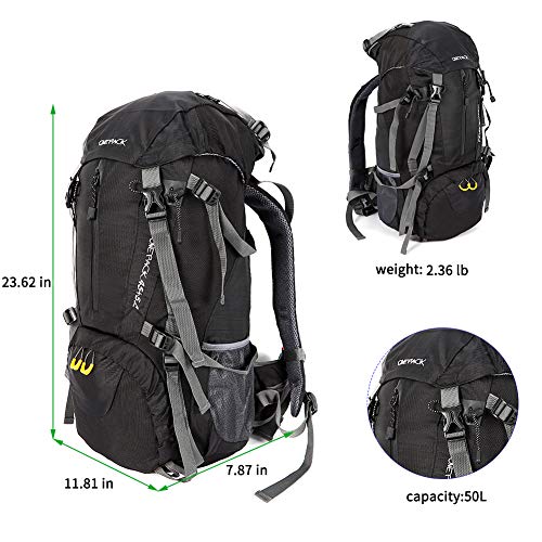 ONEPACK 50L(45+5) Hiking Backpack Waterproof Backpacking Bag Outdoor Sport Daypack for Climbing Mountaineering Camping Fishing Travel Cycling Skiing with Rain Cover (Black) - Thumbnail 2