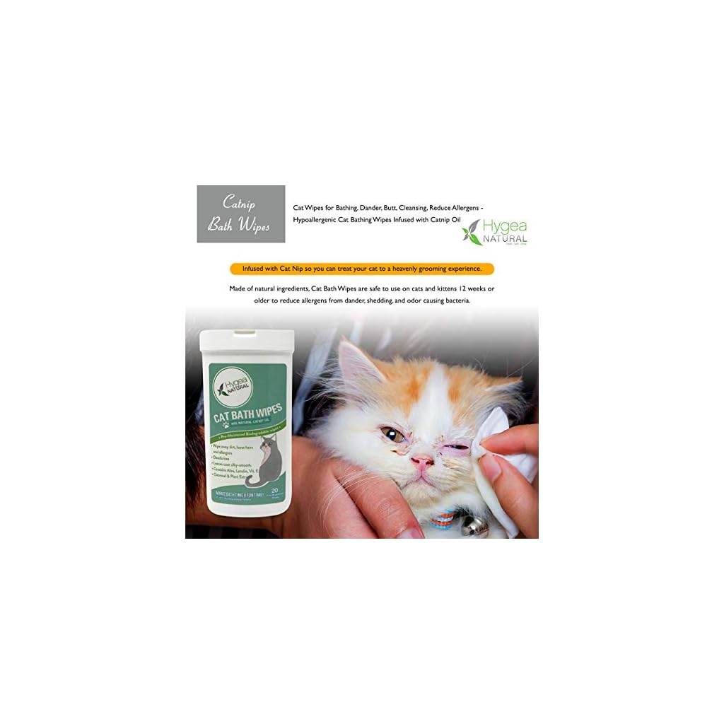 Hygea Natural Catnip Bath Wipes Cat Wipes for Bathing, Dander, Butt