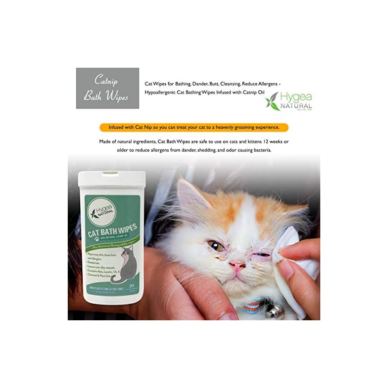 Hygea Natural Catnip Bath Wipes Cat Wipes for Bathing, Dander, Butt, Cleansing, Reduce