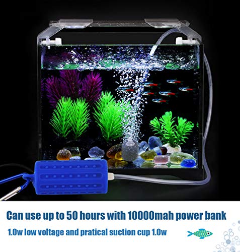 Useekoo Aquarium Air Pump, Ultra Quite Portable Mini Oxygen Pump 5V USB Cable for Aquarium Fish Tank Fishing with Air Stone and Silicone Tube- Dark Blue