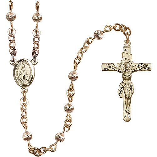 14kt Yellow Gold Filled Rosary 4mm Gold Filled Corregated beads, Crucifix sz 1 1/4 x 3/4. Miraculous medal charm