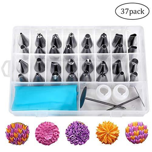 Cake Decoration Tips Set of 37 - Professional Piping Tips Tool Set, Decoration Kits Baking Accessories Tools for Cake Cookies (32 Icing Tipsï¼Œ2 Plastic Couplersï¼Œ2 Flower Nailsï¼Œ1 Silicone Pastry Bag)
