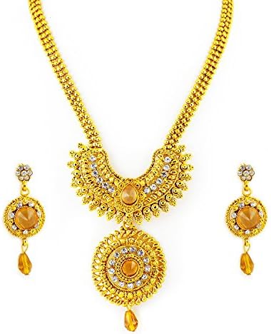 Designer Handcrafted Crystal Diamond Embellished Golden Necklace &amp; Earring Set - Citrine Color