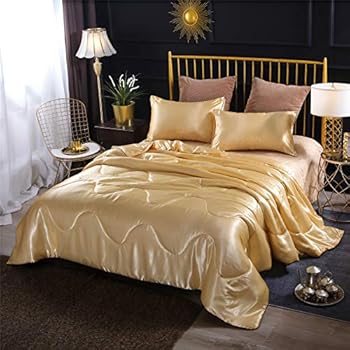 A Nice Night Satin Silky Soft Quilt Sexy Luxury Super Soft Microfiber Bedding Comforter Set Full/Queen, Light Weighted (Gold, Queen(88-by-88-inches))