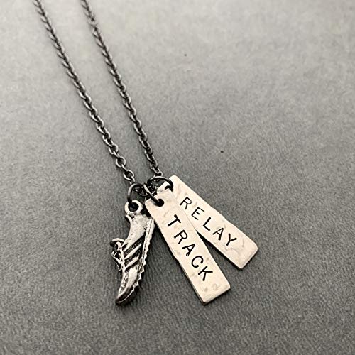 RUN TRACK RELAY Necklace - Pewter Running Shoe Charm and 2 Hand Hammered Nickel Silver Pendants Hand Stamped with TRACK and RELAY on 18 inch Gunmetal Chain - Track Relay Race Team