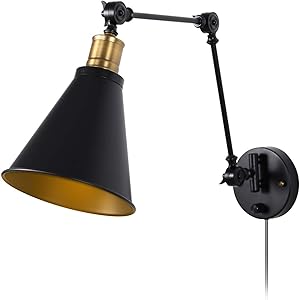 Industrial Wall Sconce Adjustable Vintage, Plug-in or Hardwire On/Off Rotary Switch Black Hardwire Simplicity Bronze Finish Arm Swing Wall Lamp for Home Decor Headboard Hallway (1 Pack)