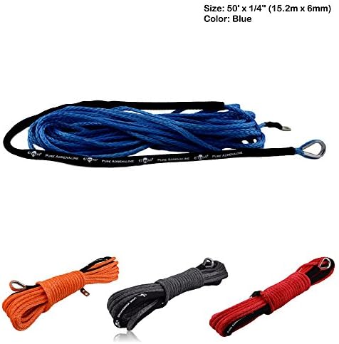 Heavy-Duty Synthetic Winch Rope By EL JEFE – Robust &amp; Light ATV Towing Extension Line For ATV Winches, Tangle-Free &amp; Ultra-Strong 50’ x 1/4” (15.2m x 6mm) – 6.600lbs (3.000kg) Breaking Strength –Blue