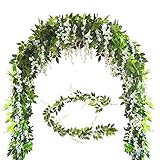 Zpollo 4Pcs 6.6 Feet Artificial Flowers Silk Wisteria Garland Artificial Wisteria Vine Rattan Silk Hanging Flower for Home Garden Outdoor Ceremony Wedding Arch Floral Decor (White)