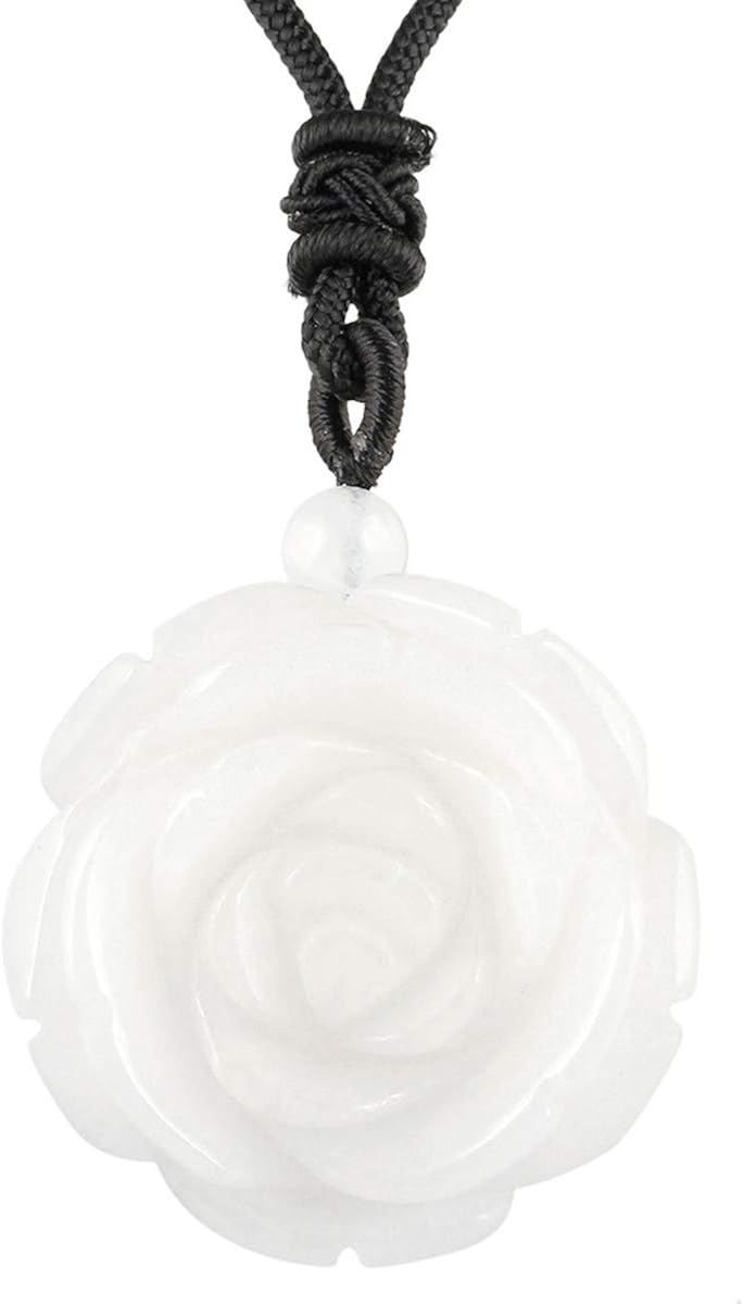 Nupuyai White Jade Carved Stone Crystal Flower Pendant Necklace for Women Energy Healing Pendant with Adjustable Cord 68cm