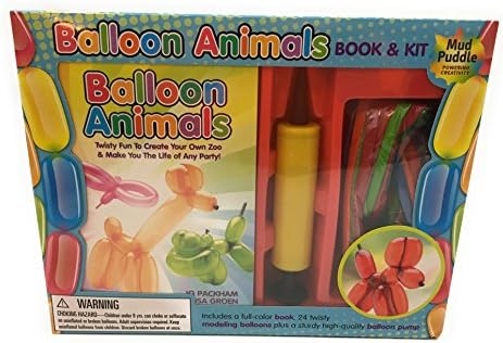 Mud Puddles, inc. BALLOON ANIMALS BOOK &amp; KIT- 24 TWISTY MODELING BALLOONS- FULL COLOR INSTRUCTION BOOK- STURDY YELLOW AIR HAND PUMP