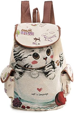 AprFairy Girls' Canvas Backpack Cute Embroidery Cat Bucket Bag Teen School Bags Double Shoulder Travel Pack for Women - Grey Cat