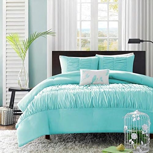 4 Piece King Size Light Turquoise Blue Embroidered Ruffles Wrinkle Ruched Comforter Set Bedding Vogue Bedspread College Teenager Room Dorm Adult Bedset Vibrant Fashion Pretty Smart Home Marine Aqua
