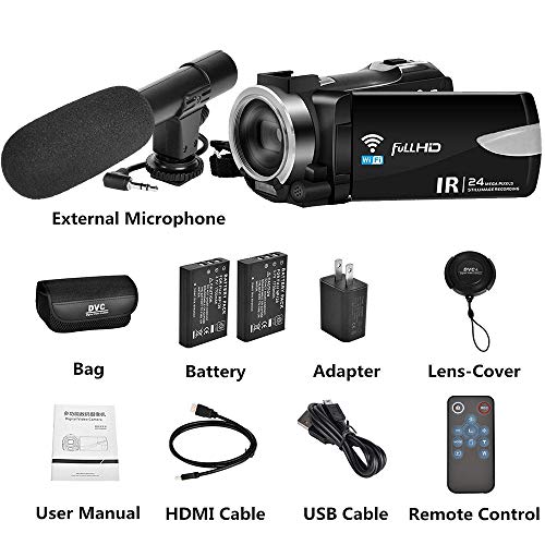 Digital WiFi Camcorder Video Camera with Microphone Full HD 1080p 30fps 24.0MP Vlogging Video Camcorder Recorder for YouTube Support Remote Controller Time Lapse