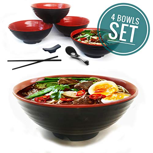 4 set (16 piece) Ramen Bowl Set, Asian Japanese Style with Spoons Chopsticks and Stands, Restaurant Quality Melamine, Large 32 oz for Noodles, Pho, Noodle, Udon, Thai dinnerware for any Soup Meal
