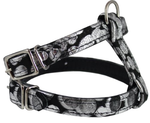 Luxury Black Genuine Leather Silver Print Dog Harness for Toy Breeds. Fits for 11"-14" chest size Yorkshire Terrier, Puppies