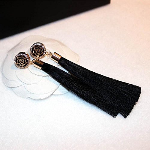 Xixou Tassel Earrings Dangle Style Trendy 3 Colors - Long Tassel Earrings Silk Crystal Dangle Drop Boho Earrings for Women Jewelry (Black)