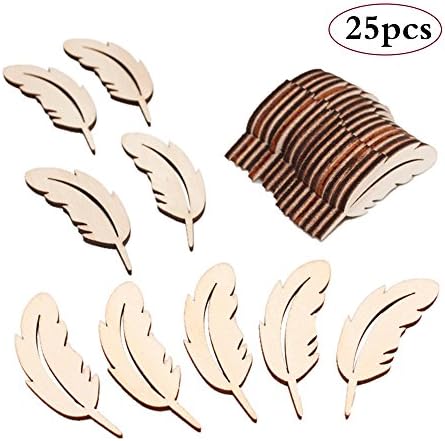 Blank Wood Slices Unfinished Wooden Cutout Shape Blank Wood Slices Discs Feather Shape Wooden Slices for DIY Craft Art Project, 25-Pack
