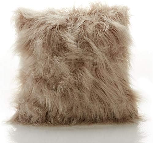 Chic Mohair Mongolian Long Pile Faux Fur Fluffy Filled Cushion/Cover (Natural Beige, Feather Filled Cushion)