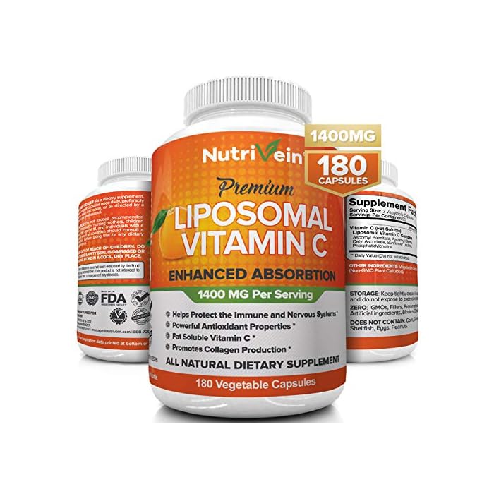 Nutrivein Liposomal Vitamin C 1650mg - 180 Capsules - High Absorption Ascorbic Acid - Supports Immune System & Collagen…