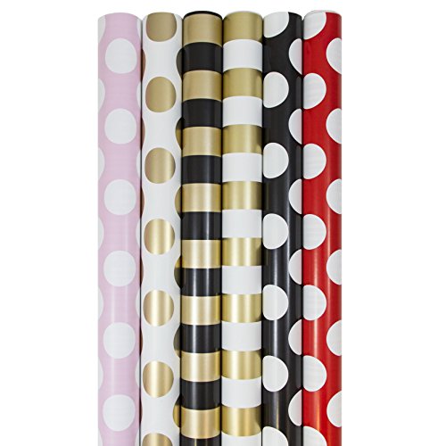 JAM Paper® Assorted Matte Kraft Wrapping Paper - 12.5 Sq Ft Each - Stripes & Polka Dots Colors - 6 Rolls/Pack