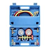 3 Way AC Diagnostic Manifold Gauge Set for Freon Charging, Fits R134A R12 R22 and R502 Refrigerants, with 5FT Hose, ACME Tank Adapters, Adjustable Couplers and Can Tap