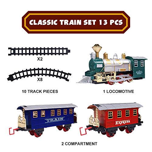 Electronic Classic Train Set for Kids with Headlight, Realistic Sound, Smoke, Toy Train for Kids, 1 Locomotive, 2 Compartments, 10 Railway Tracks, Gift for Boys Girls Age 5+, Christmas Tree Decoration - Thumbnail 3