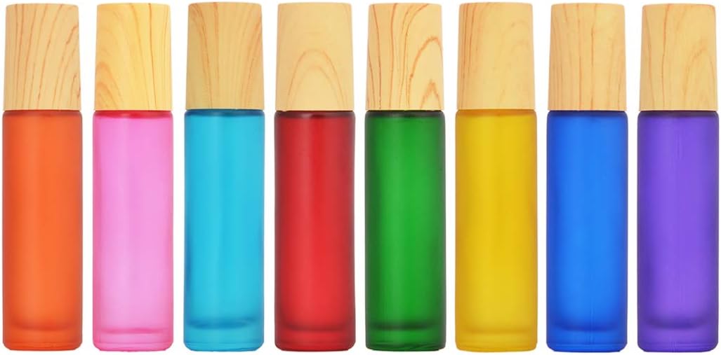 BEAUYK 10ml Frosted Glass Essential Oil Bottles Refillable Stainless Roll On Cosmetic Wood grain Caps Colorful Empty Sample Vials 8Pcs