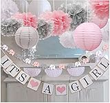 luckylibra Baby Girl Baby Shower Decorations, It is a Girl Banners and Paper Lantern Paper Flower Pom Poms （Pink White Grey）