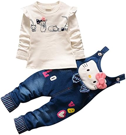 EFZQ Baby and Little Girls T-Shirt and Rompers Pants Overalls 2-Piece Set (S/73(Advice 6-12 months), White(Cat))