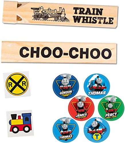 Railroad Trains Pack - Wooden Whistle, 2 Tattoos &amp; Thomas the Train Stickers
