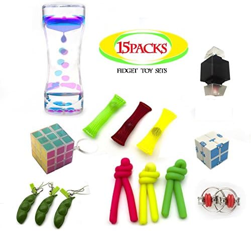 cmsx 15 PACKS FIDGET TOY SETS Autistic Toys, Sensory Fidget Toy,Occupational Therapy, ADHD, Anxiety Relief Fidget Toys Set- Fidget Chain toy/Cube,Pocket Keybord, Liquid Motion Timer For Kids &amp; Adults