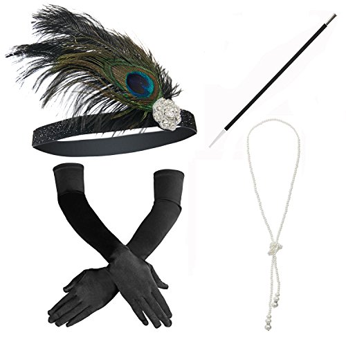 1920s Accessories Set Headband,Necklace,Gloves,Cigarette Holder and Feather boa (E)