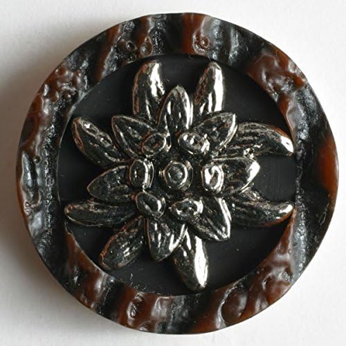 Carved Horn Imitation Bill Button with Edelweis Brown/Silver #350276 28 MM - WASHABLE & DRY CLEANABLE