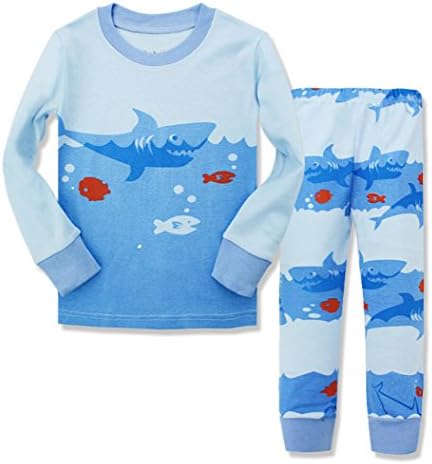 Gold treasure Little Kids Sleepwear Long Sleeve Pajama Set with Cartoon Ocean Shark-Hunting