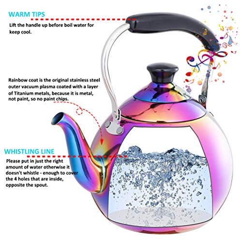 OMGard Whistling Tea Kettle Stainless Steel Rainbow Teapot 2 Liter Teakettle for Stovetop Induction Stove Top Boiling Water Colorful Tea Pot Modern Mirror Finish 2.1 Quart, 68 ounce