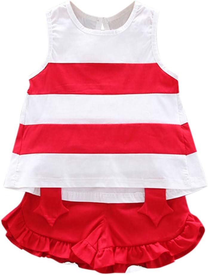 Shan-S Baby Girls Clothes Set, Children's Sleeveless Stripe Vest Tank Tops + Solid Color Lace Shorts Infant Outfits Set