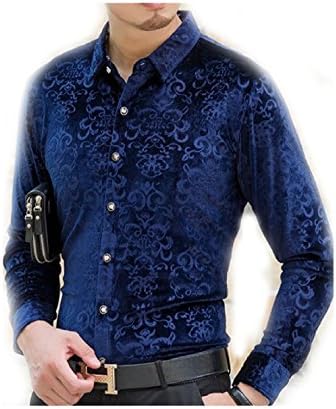 Herina, Men's Shirt Slim Business Long Sleeve Velvet Dress Shirts. (L, Blue)