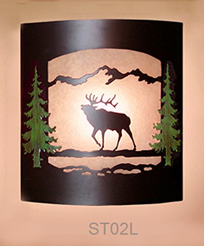 Wall Sconce Rustic Elk Light, Cabin Decor Lamp, Hand-Painted Pine Tree Left Facing