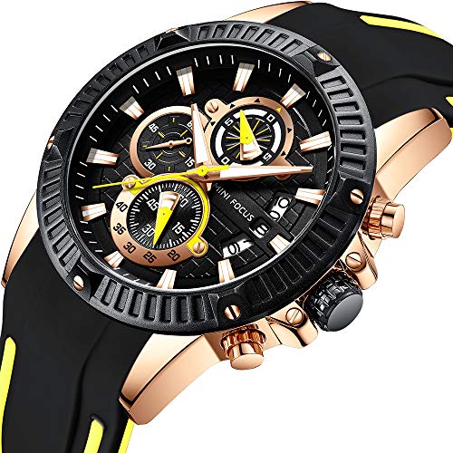 MINI FOCUS Mens Sports Watches Waterproof Big FaceAnalog Quartz Watch with Silicone Band Chronograph Wristwatchfor Men (Yellow)