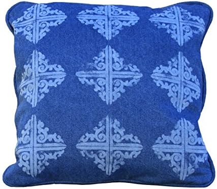 Bicoastal Denim Trellis 18 Inch Throw Pillow Patterned Blue Jeans Indigo Bleached Faded Hand Printed Desinger Made in the USA