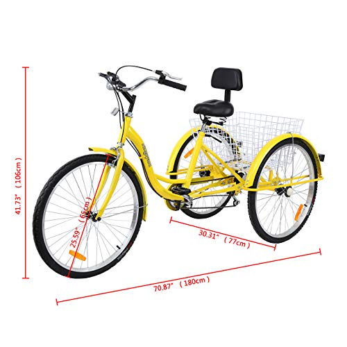 Ridgeyard 26'' 7-Speed Adult Tricycle 3 Wheeled Cruise Trike Bike Adult Trikes with Shopping Basket(Yellow)
