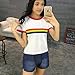 Focal18 Rainbow Print T-shirt Tee Crop Top Short Sleeve Tops O Neck Womens Stripe