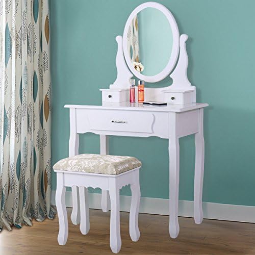 Makeup Vanity Table Set，Wood Dressing Table 3 Drawers Oval Mirror for Bedroom Morden Style White