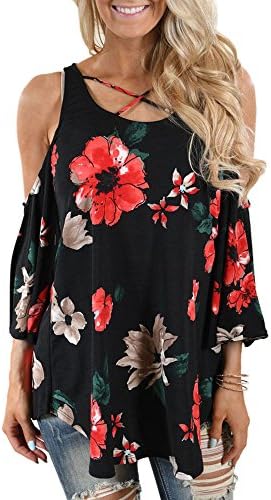 Shining Rainbow Womens Drop Shoulder Floral Blouse Tops 3/4 Sleeve Crisscross ((US 8-10)M, Black + Floral)